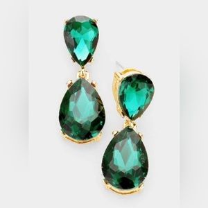 Emerald Green Crystal Double Teardrop Gold Earring